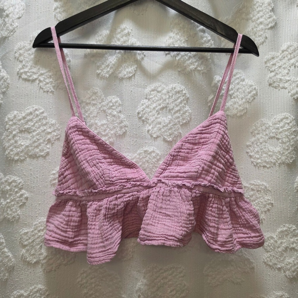 Free People Pink Cotton Gauze Ruffle Crop Top V-Neck Adjustable Strap Large